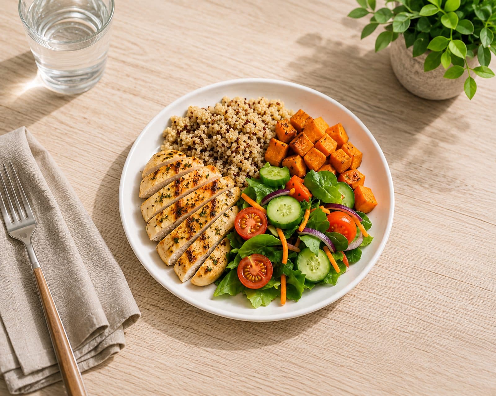 Plato de comida saludable con pollo grillado, quinoa, batata y ensalada
