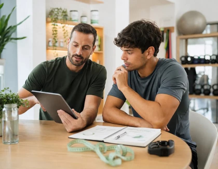 Profesional de NutriLab360 repasando el plan de un programa junto a un cliente